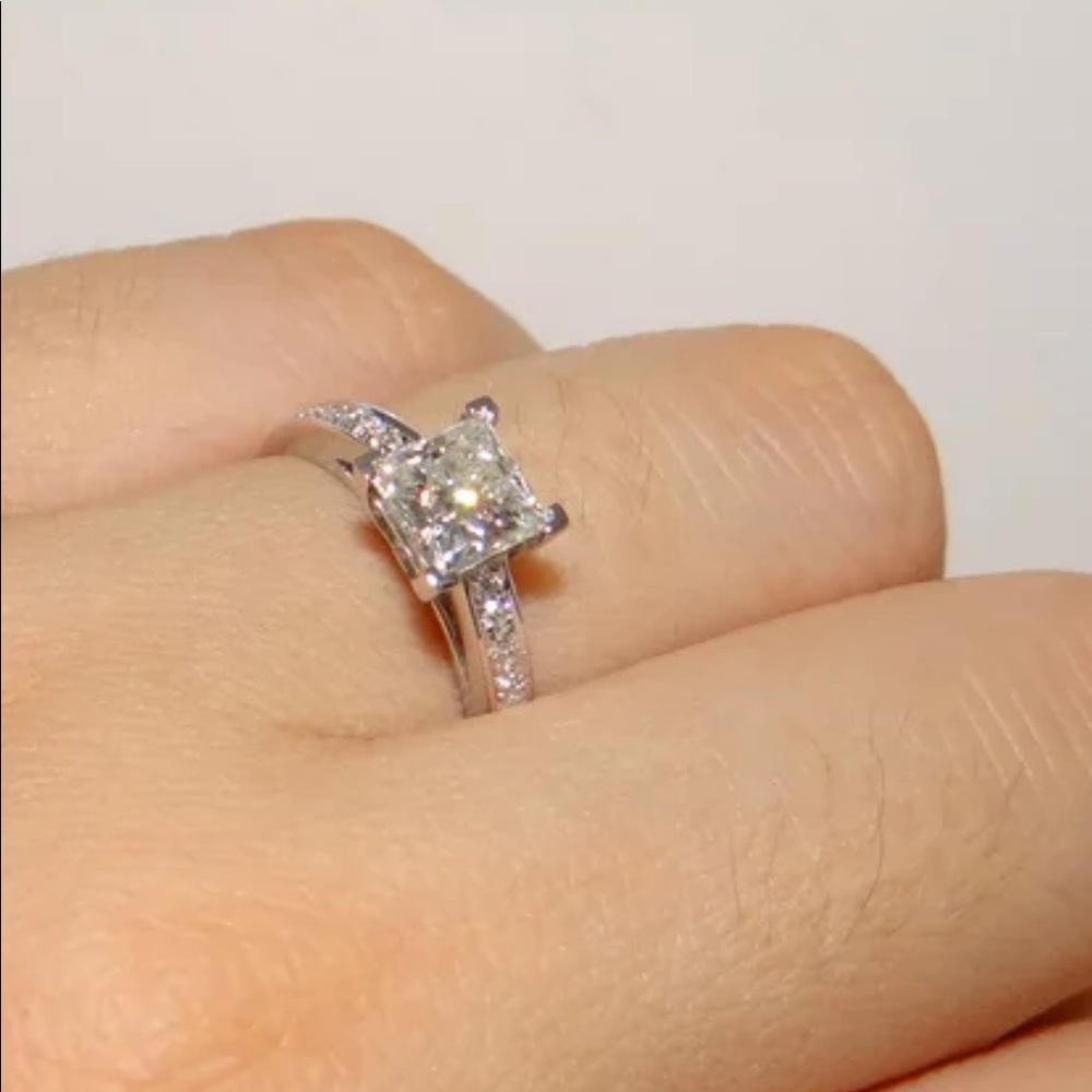 14K' White Princess Square Diamond Engagement Ring - Picture 1 of 6